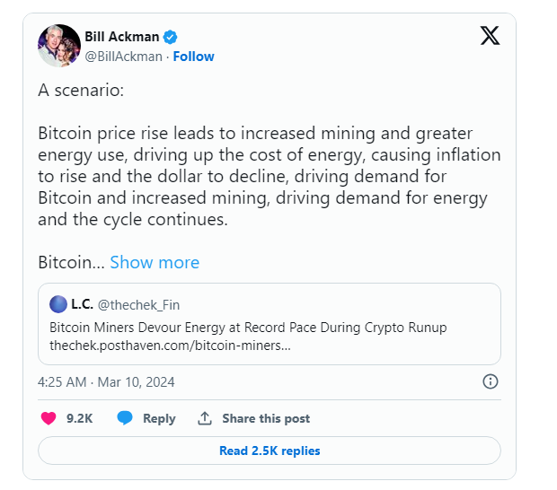 Bill Ackman, investing genius, predicts shocking surge in Bitcoin, but warns of risks from this upward trend.