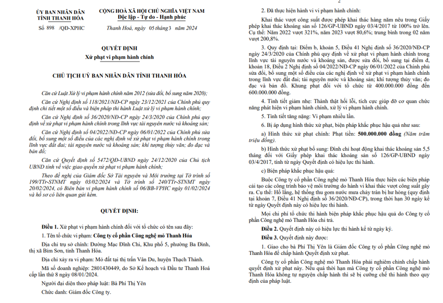 Heavy penalties imposed on Thanh Hoa’s mining giants