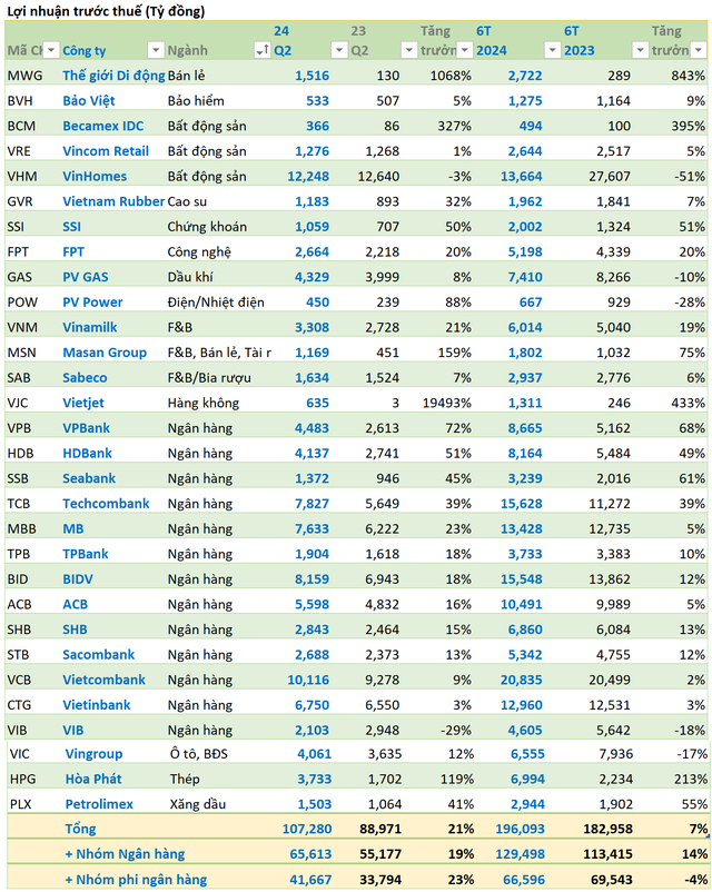A Remarkable Second Quarter for the VN30 Group: 16 Companies Report Profit Increases of Over 20%, 2 Entities Earn Profits in the Trillions, and Thegioididong and Vietjet Witness Over 1,000% Growth.